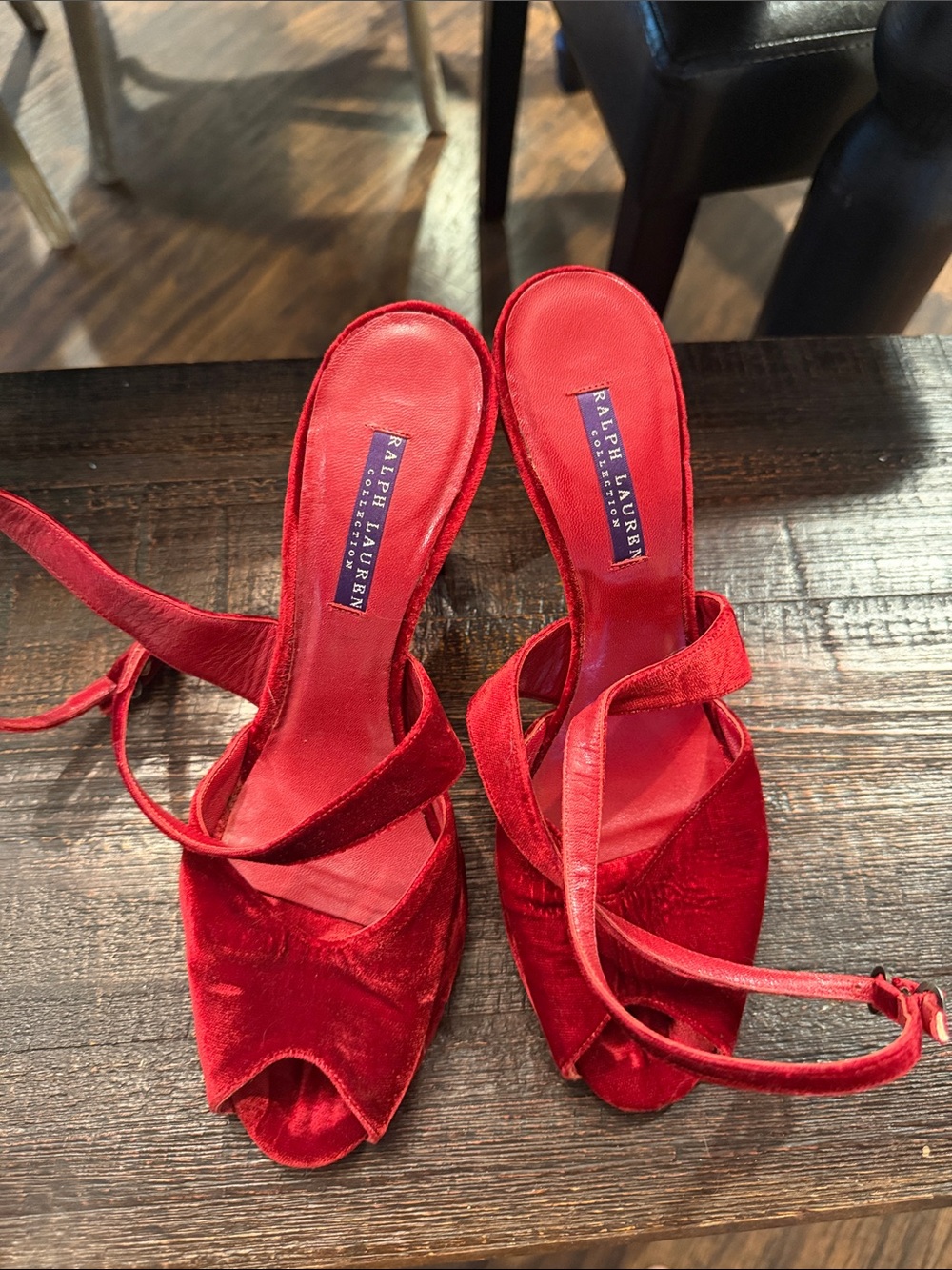 Ralph Lauren Purple Label Red Velvet Peep-Toe Strappy Heels